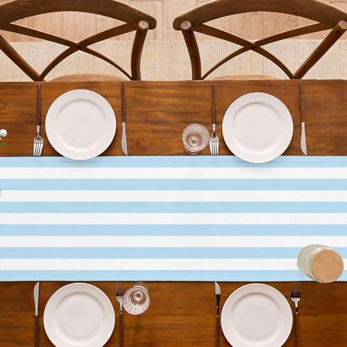 Buxiuer Light Blue and White Cabana Striped Table Runner Coastal Theme Wedding Party Decoration Birthday Baby Shower Dining Room Home Kitchen Table Decor 90In by Buxiuer - Used condition - Image 4
