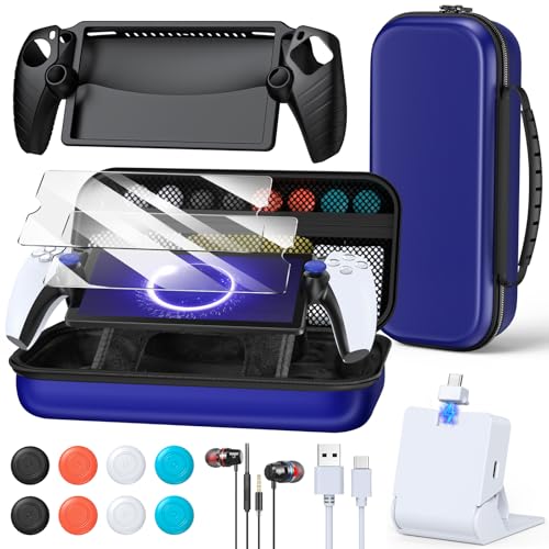 Image of FYOUNG Accessories Kit for PlayStation Portal, Carrying Case Bundle and Magnetic Portable Charger for PS5 Portal with Protective Case, 2 Screen Protectors, Wired Headphone, 8 Thumb Grips (Blue)