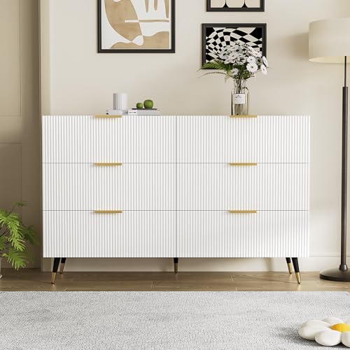 QXJVA Aparador blanco y dorado, 120 cm, aspecto ondulado, 6 cajones, aparador para salón, dormitorio, lavandería, moderno, con estructura 3D, diseño de lujo