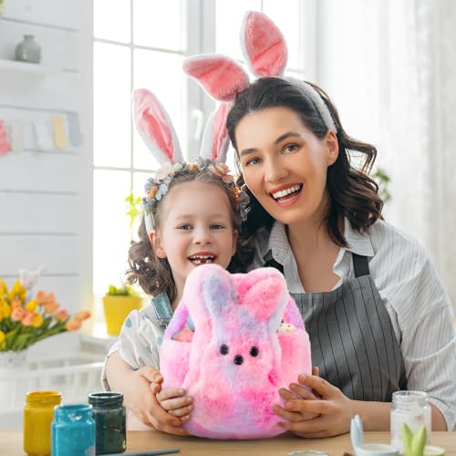 Image of Easter Fluffy Bunny Basket - Soft Plush Basket Hunting Egg Candy Reusable Tote Bags for Easter Spring Party Decorations Supplies Baby Shower - 11.8 x 9.8 inch (Pink Blue)