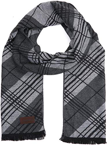 Marino’s Winter Cashmere Feel Men Scarf,100% Cotton Fashion Scarves, In Elegant Gift Box - Black Gray Diagonal Plaid - One Size #TOP1