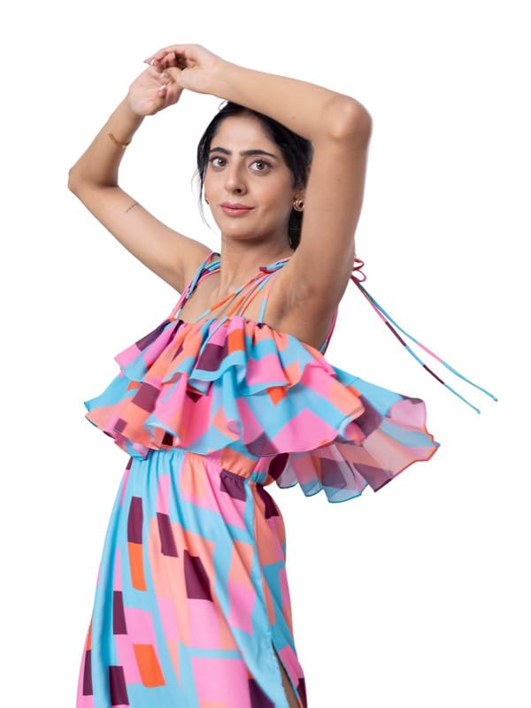 EROTISSCH Women Poly Crepe Colour Blocked Printed Beachwear Dress (Blue_M) 3