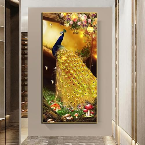 Art animalier paon vert doré en toile moderne pour salon chic