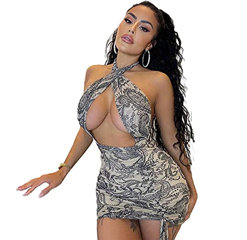 BYDIVA Hip Slit Women Sexy Halter Twisted Neckline Multi Wear Tops and Mini Dress Gray M