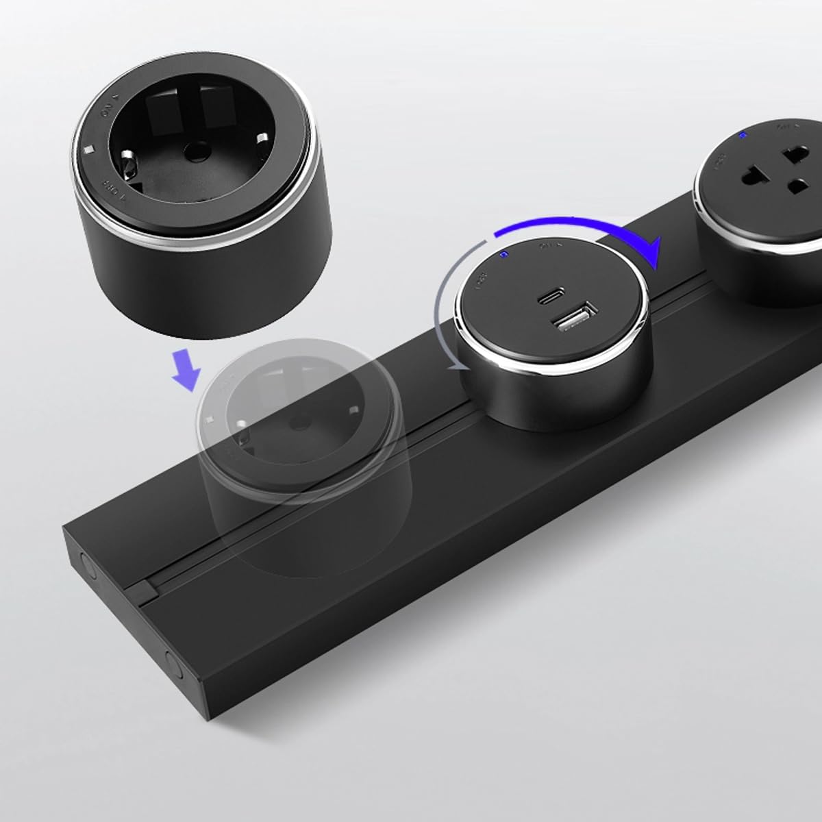 Ciabatta elettrica con 2 prese Schuko e 1 presa di ricarica USB-A/C, sistema di guida
