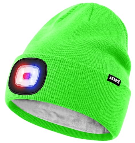 ATNKE LED Lighted Beanie Hat,USB Rechargeable 4 LED Red and Blue Flashed Run Headlamp Lined Fleece Cap for Men and Women/#Fluorescent Green