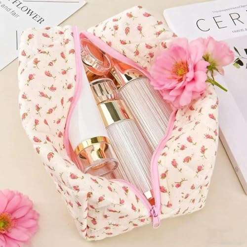 Image of Floral Makeup Bag, Floral Quilted Makeup Bag, Cosmetic Bag, Fashionable Travel Makeup Pouch, Small Cute Makeup Bag, Puffy Coquette Makeup Bag, Quilted Makeup Bag, Flowers (Width:11.9 Cm)