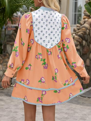 Image of Wenrine Womens Casual Floral Mini Dress Fall Long Sleeve V Neck Patchwork Loose Boho Shirt Dresses