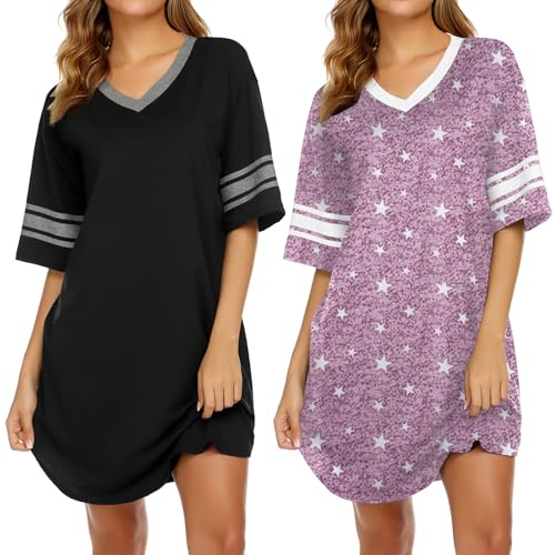 Image of Ekouaer Nightgowns for Women 2 Pack Sleepshirts Short Sleeve Nightshirt V Neck Sleepwear Casual Pajama Dress
