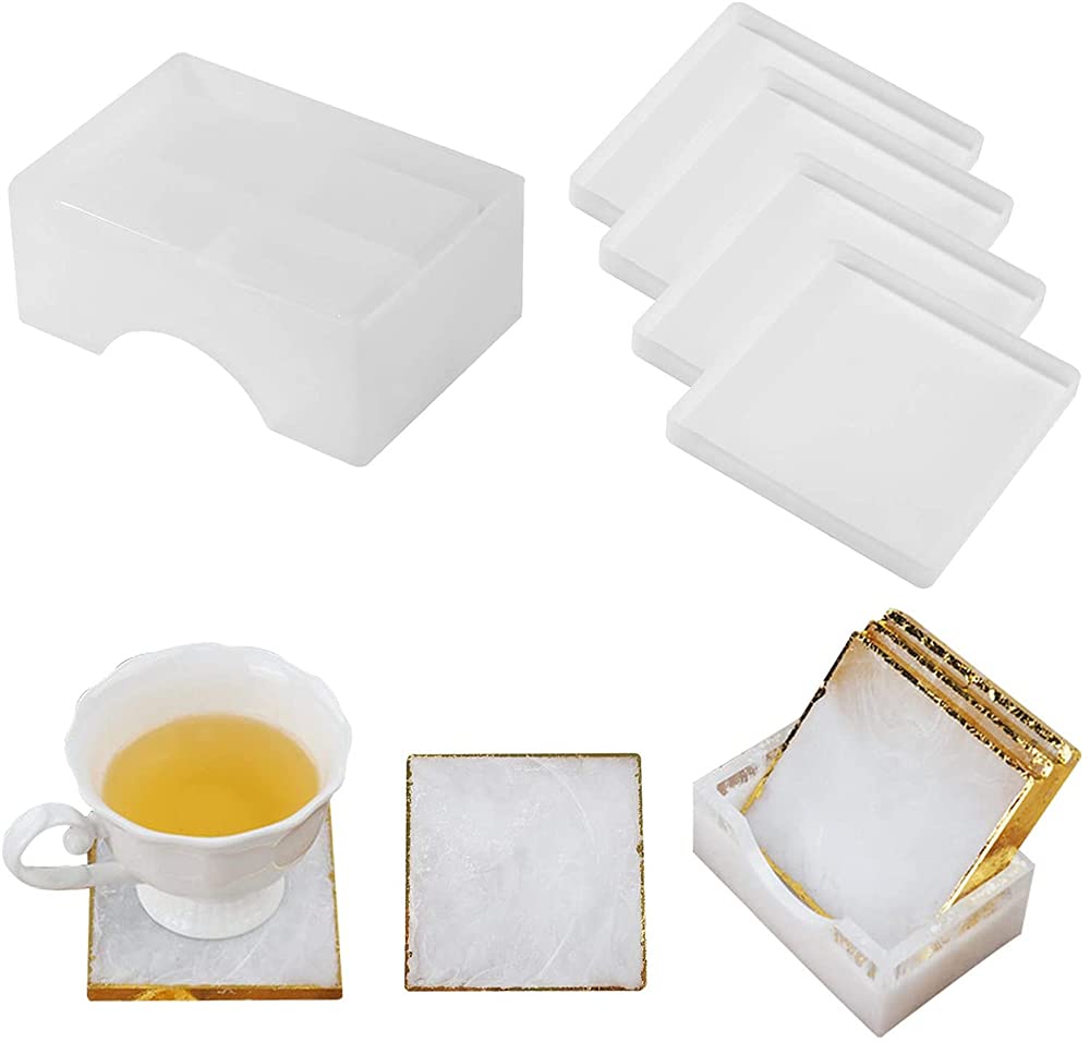 Coaster Resin Molds, ELECDON 4 PCS Square Resin Coaster Molds With 1 PCS Coaster Storage Box Mold, And 1 Coaster Box Frame, Epoxy Resin Silicone Molds For Making, Home Decoration, Coaster Mold Set