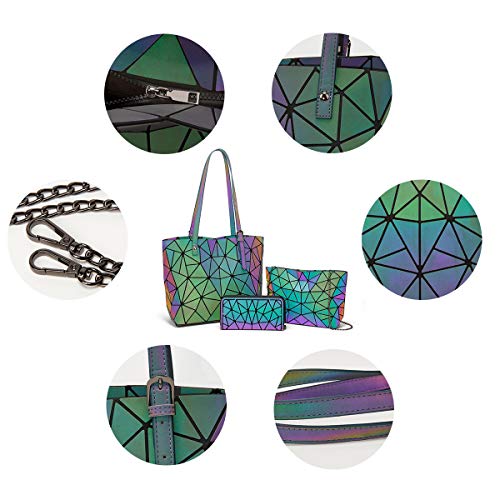 Women Fashion Luminous Geometric Handbags Wallet Tote Bag Shoulder Bag Top Handle Satchel Purse Set 3Pcs #TOP2