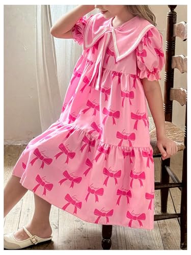 MakeMeChic Girl's Bow Knot Puff Sleeve A Line Dress Ruffle Tiered Collared Summer Midi Dresses3