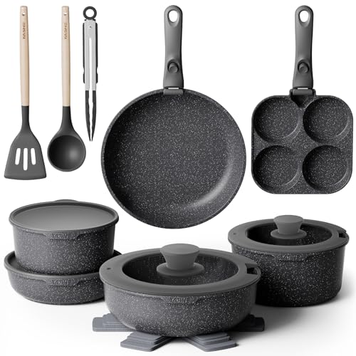 YASHE 20-teiliges Topfset mit Antihaftbeschichtung, abnehmbare Griffe, induktionsgeeignet, Backofen bis 230 °C, spülmaschinenfest, stapelbar, ideal für Familien
