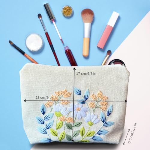 Image of FONNUY Embroidery Kit Makeup Bag for Beginners, Flowers Pre-Stamped Pattern Handbag Coin Purses Making Kits for Adults with Hoop, Easy to Follow Color Thread Needlework (Daisy)