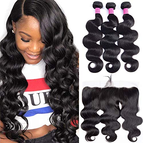 FDX Brazilian Body Wave Bundles with Frontal 9A Unprocessed Virgin Human Hair 3 Bundles with Frontal 13x4 Ear to Ear Lace Frontal with Bundles Body Wave (12 14 16+10 inch)