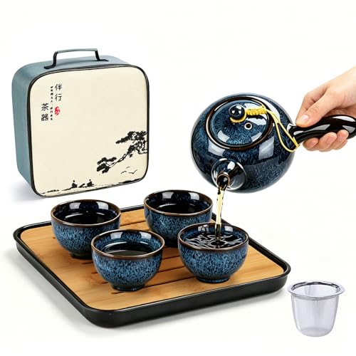 DUJUST Chinese Gongfu Tea Set Kiln Altered Glaze Porcelain Tea Set with 1 Teapot 4 Tea Cups & 1 Tea Tray Portable Japanese Tea Sets with Storage Bag for Travel Gifting Outdoor Dark Blue