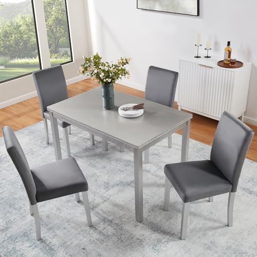 Image of KEIKI 5-Piece Standard Height Dining Table Set with Rectangular Table and 4 Upholstered Chair, for 4 Person, Crystal Decoration Wooden Table Set, Easy Assembly, for Kitchen, Dining Room, Silver Grey