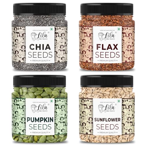 Image of LILA DRY FRUITS 4 Seeds Combo Pack 200 gms each Chia Seeds Pumpkin Seeds Sunflower Seeds Flax Seeds | Superfood Seeds Mix Healthy Raw Seed Mix for Immunity combo & Weight Management | Perfect for Gifting (200g x 4)