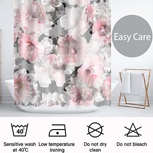 Decoreagy Pink Floral Shower Curtain,Grey White Peony Flower Blossom Shower Curtains Set For Bathroom With 12 Hooks 72X72In, Big Lush Flowers Abstract Art Stall Bath Curtain,Waterproof Fabric #TOP5