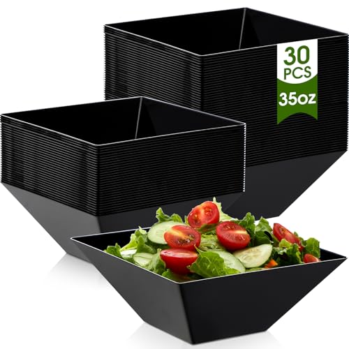 Tioncy 30 Pcs Square Plastic Bowls 35 oz Disposable, Black, Classic