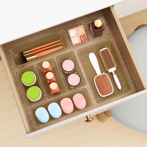 Image of ElegantArray 12 PCS Drawer Organizer Set, 4 Sizes Tool Storage Trays, Clear Plastic Makeup Vanity Organizer and Storage Bins for Stationeries, Multiple Gadgets for Office, Bedroom, Champagne