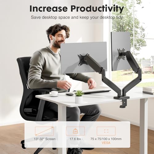 Image of DUMOS Dual Monitor Mount for Desk, Gas Spring Monitor Arm for 2 Monitors Max 32 Inches, Fully Adjustable Double VESA Mount with C-Clamp /Grommet Base, Holds Screen 17.6 lbs