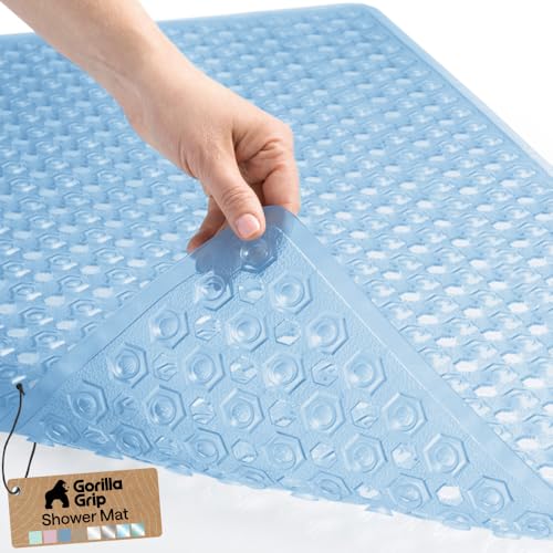 GORILLA GRIP Patented Bath Tub Shower Mat, Machine Washable Bathtub Floor Liner Mats, Suction Cups and Drain Holes to Keep Tubs Clean, Soft on Feet, Bathroom Essentials, 35x16 Inch, Clear Blue
