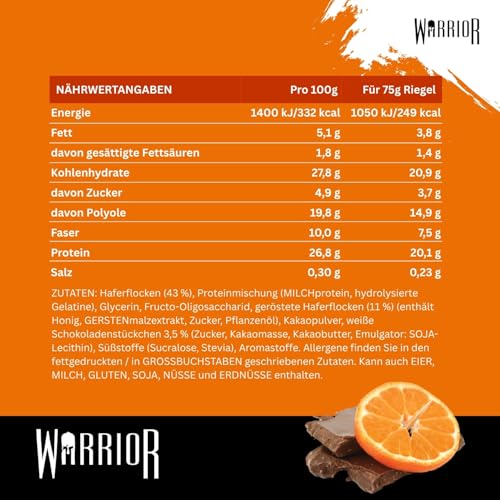 Warrior Raw Proteinriegel 12 x 75 g – Ballaststoffreicher Haferriegel mit Protein, High Protein Snack ohne Zucker, Natürlicher Haferflocken Riegel mit Präbiotika – Schokolade-Orange 5