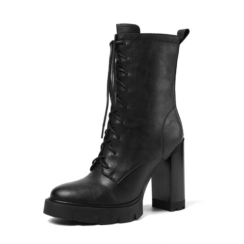 TinaCus Womens Handmade Genuine Leather Retro Round Toe Lace Up Side Zipper Platform High Heel Combat Boots