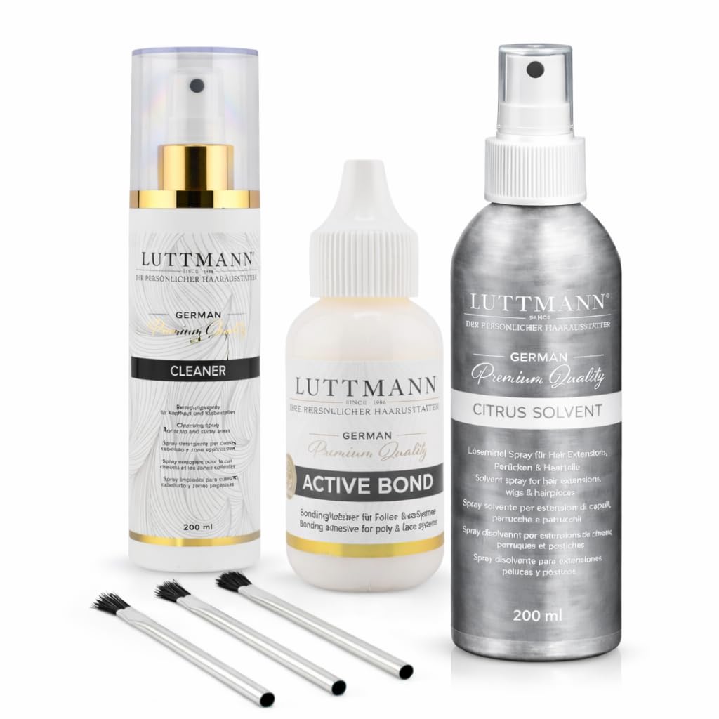 Haarsystem Bundle – Kleber & Reinigung Set mit Active Bond Adhesive, Cleaner & Citrus Solvent – Extra starker Halt für Toupet, Lace & Perücken inkl. 3 Pinsel