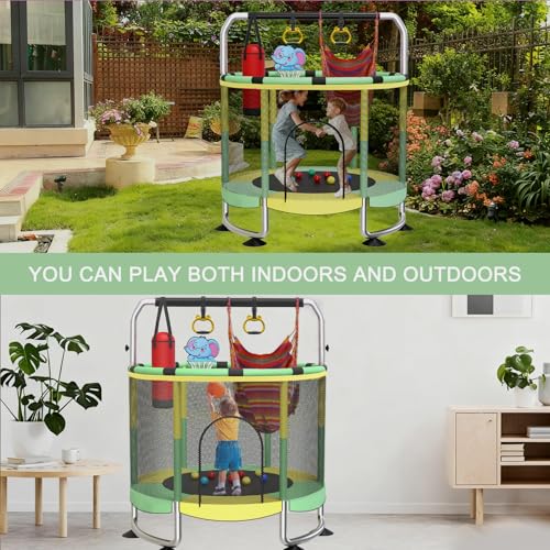 Image of Yozoia 60 inch Toddler Trampoline, Indoor Trampoline for Kids with Safety Enclosure, 440LBS Support, Adjustable Gymnastics Bar & Toys for Boys Girls
