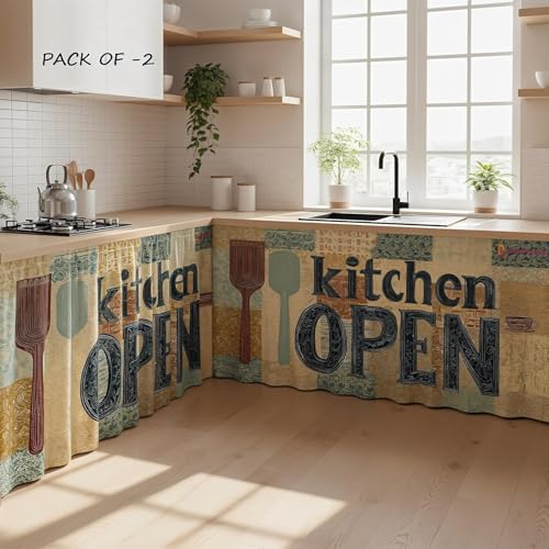Image of Premium Printed Kitchen Sink Curtain | Washable & Dustproof Rod Pocket Counter Skirt | Perfect for Any Sink,Counter | Multicolor Cooking (Kitchen Open, Pack of 1)