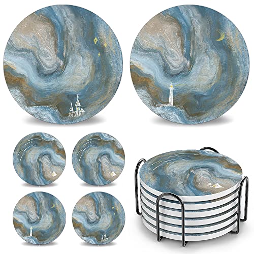 UMIRRO Coasters for Drinks Absorbent with Holder | Cool Table Mats in Ocean Blue for Cups, Glasses, Desk, Office and Home | Cute Ceramic Stoneware Coaster Set