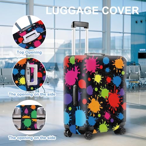 Image of Colorful Paint Splatter Luggage Cover - Artistic Suitcase Protector for 24-26 Inch Travel Bags - Vivid Abstract Drip Design with Black Background,M