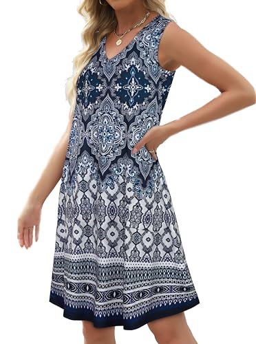 Image of elescat Womens Summer Dresses Casual V Neck Sleeveless Pockets Beach Loose Tank Sundress 2026