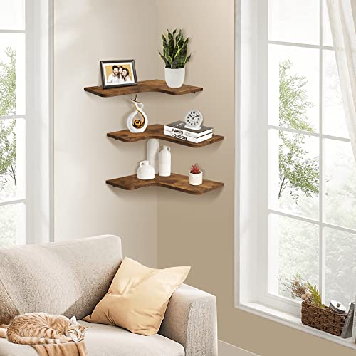 Homode Corner Floating Shelves, Set Of 3 Corner Wall Shelves With Wire Hole, L-Shaped Wood Storage Shelf For Wall Decor, For Bathroom Kitchen Bedroom, Rustic Brown And Black #TOP1