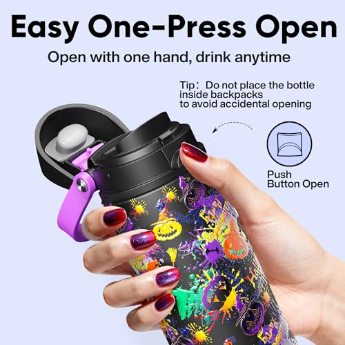 Image of Insulated Water Bottle with Straw - Encool Stainless Steel Water Bottle with Push Button Lid, Leak-Proof & BPA-Free, Keeps Cold for 24 Hours for Sports, Travel, Gym (24 oz, Ghost Party)