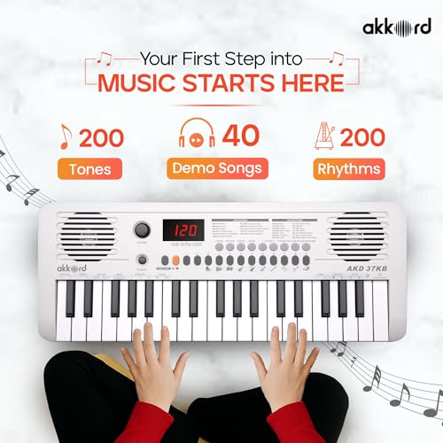 Image of Akkord 37 Keys Music Keyboard - White Edition | MIDI USB-C, Touch Response, 200 Rhythms, Tones & 40 Demos, LED Display, Portable Beginner Piano Compatible with GarageBand.