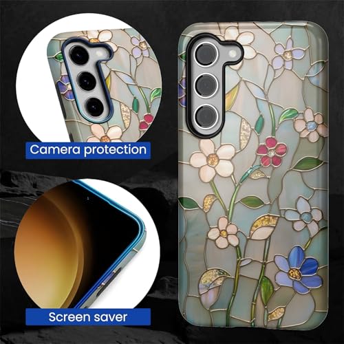 Wqwaxxc Compatible with Samsung Galaxy S23 Case,Glossy 2-in-1 Sleek All-Inclusive Dual-Layer Material Soft TPU + PC Back for Spring Floral Flower Stained Glass Mosaic Boho Botanical - image 2