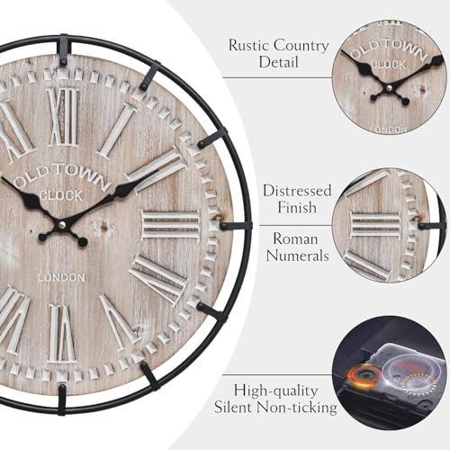 Image of EMAX HOME 12 Inch Farmhouse Wall Clock Rustic Antique Wood with Metal Circle and Large Engraved Numerals, Silent Battery Operated Wall Clock for Office Kitchen Bedroom Living Room