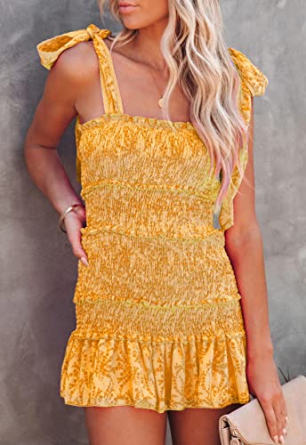 Image of Hotmiss Womens Ruffle Smocked Mini Dress Sleeveless Floral Print Summer Tiered Tie Slim Fit Short Dresses