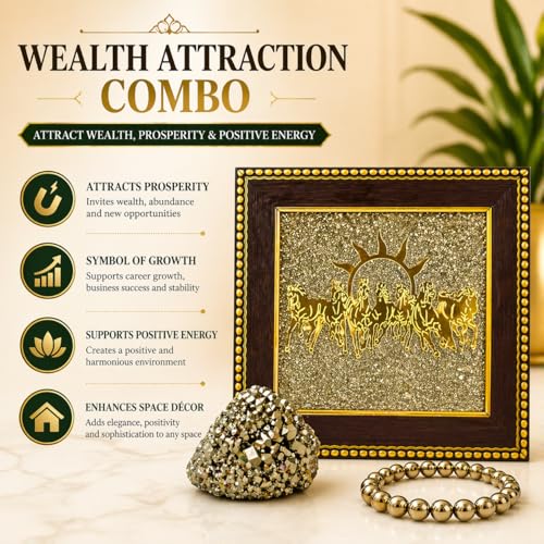 Image of EverMineCrystal Wealth Attraction Pyrite Combo - 7 Horses on Raw Pyrite Frame + Pyrite Stone Original Cluster + Raw Pyrite Bracelet | Vastu items & Prosperity Gift Set for Home & Office | Lab Certified