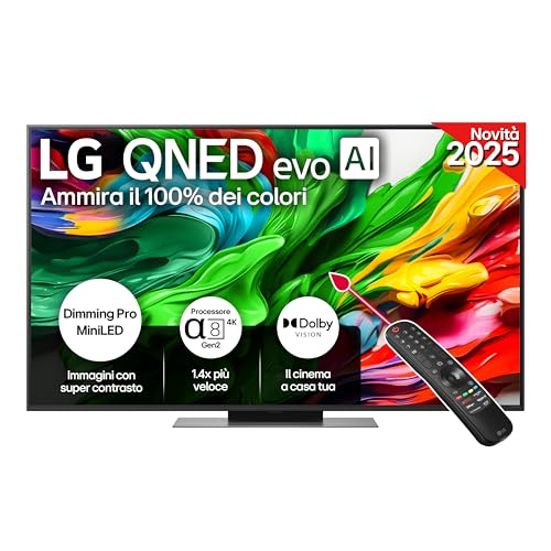 LG QNED evo AI QNED86 TV 55 pollici, Smart TV 4K, Processore α8 Gen2, Dimming Pro con MiniLED, webOS e telecomando puntatore con AI, Dolby Vision, Gaming con VRR e FreeSync 4K@120Hz, 55QNED86A6A 2025