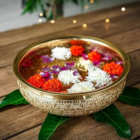 BEHOMA Classic Chitai Design Urli Bowl for Home Decor | Aluminium Embossed Round Tray for Living Room Dining Office Center Table Decoration Diwali, Festival 1 PC Golden Standard Cover