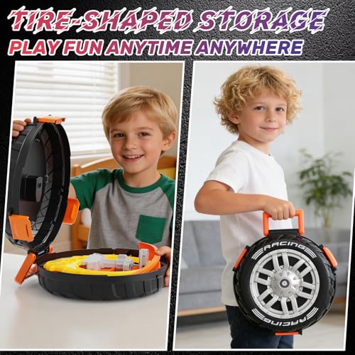 Image of Toy Car Race Track Set for Kids Ages 4-8, Stunt Tire-Shaped Case Transforms into Race Course, 6 Cars in 1:64 Scale, 2 Ways to Play, Action Loop Cyclone Challenge & Speed Snap Track