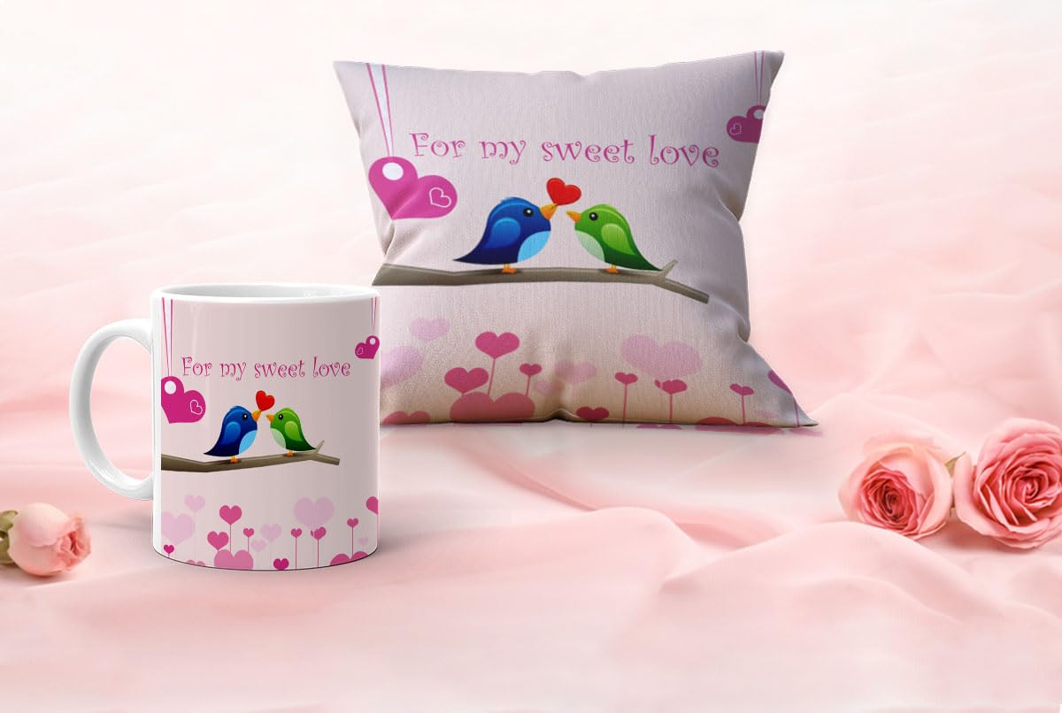 Kesri Gifts Valentine Gifts for Girlfriend Boyfriend for My Sweet Love Theme Printed Coffee Mug with Cushion Cover & Filler (12 inches)(MCAval23-090)