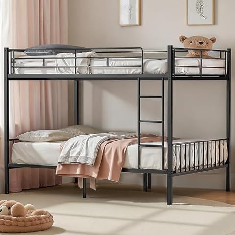 Miscoos Queen Over Queen Bunk Bed, Heavy-Duty Queen Bed Frame with Safety Full-Length Guardrails & Anti-Slip Ladder, Metal Bunk Bed for Teens Adults, Noise Reduced, Black Cover