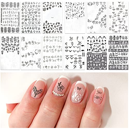 12 Sheets Black White Leaves Flowers Nail Art Sticker for Women Kids, EUUPS 3D Self-Adhesive Retro Vintage Vine Rose Flo