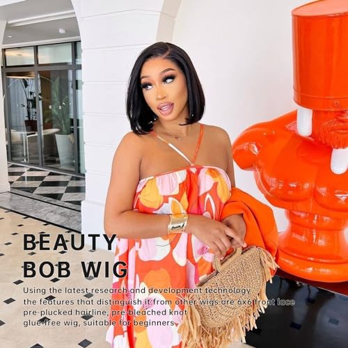 Ready to Go Glueless Wig 200% Density Brazilian Virgin Human Hair Wig Pre Cut 5x6 Lace Front Wigs for Black Women Upgraded Pre Plucked Bleached Invisible Knots Bob Wig Human Hair Natural Black Color - Image 4
