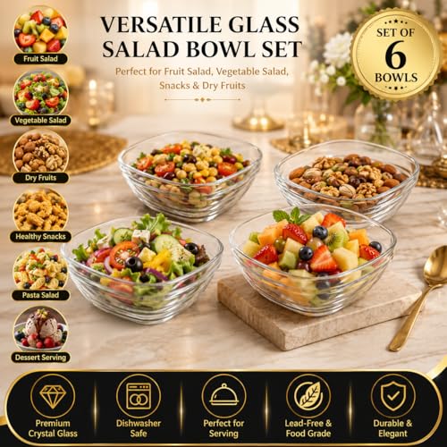 Image of WRINGO Glass Bowl for Kitchen Prep, Dessert, Dips, and Candy Dishes, Cake, Snack Bowl Set of 6 Or Nut Bowl, and Microwave Safe Clear Glass Bowls for Mixing, Storing Size 4.5 Inch